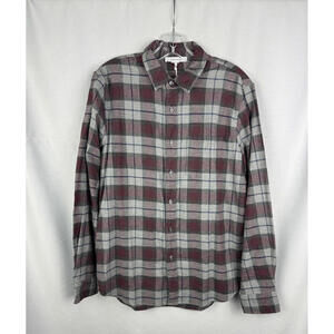 FRAME Brushed Plaid Button-Up Shirt Classic Fit Burgundy Size M